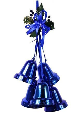 ПОДВЕСКА из пяти КОЛОКОЛЬЧИКОВ с листиками и лентами, синяя, 45 см, SNOWHOUSE