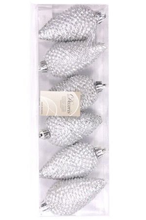 Набор ШИШКИ ЕЛОВЫЕ серебряные, пластик, 8 см (упаковка 6 шт.), Kaemingk