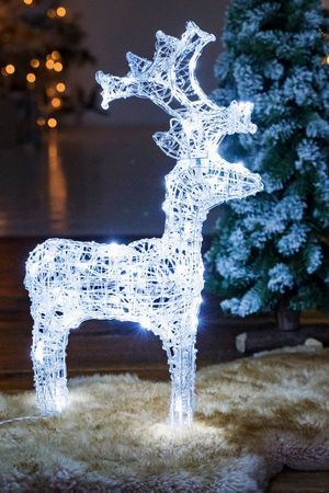 Светящаяся фигура АЖУРНЫЙ ОЛЕНЬ прозрачные акриловые нити, 80 холодных белых LED-огней, мерцающий, 90 см+5 м, уличный, Kaemingk