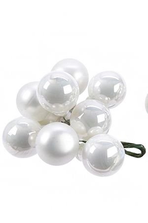 ГРОЗДЬ миниатюрных стеклянных матовых и глянцевых шариков на проволоке, 10 шаров по 20 мм, белая, Kaemingk (Decoris)