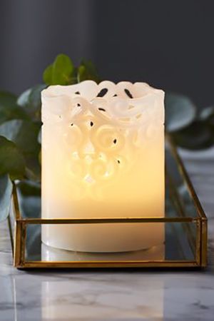 Электрическая восковая свеча КРУЖЕВНАЯ белая, тёплый белый LED-огонь мерцающий, таймер, 8х10 см, STAR trading