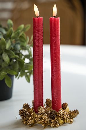Набор светодиодных столовых восковых свечей ЖИВАЯ ДУША, красных, тёплый белый LED-огонь, "натуральный фитилёк" 24 см, батарейки, 2 шт., Kaemingk (Lumineo)