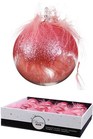 Набор пластиковых шаров ГЛАМУРНЫЕ ПЁРЫШКИ, прозрачно-розовые, 80 мм, упаковка 12 шт., Kaemingk