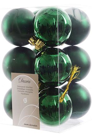 Набор однотонных пластиковых шаров глянцевых и матовых, цвет: зеленый, 60 мм, упаковка 12 шт., Kaemingk