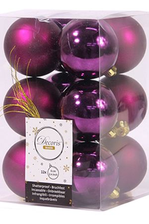 Набор однотонных пластиковых шаров глянцевых и матовых, цвет: фиолетовый, 60 мм, упаковка 12 шт., Kaemingk