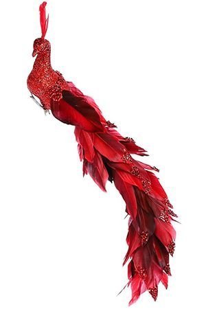 Украшение ПАВЛИН ИСКОРКА на клипсе, перо, красный, 41 см, Edelman