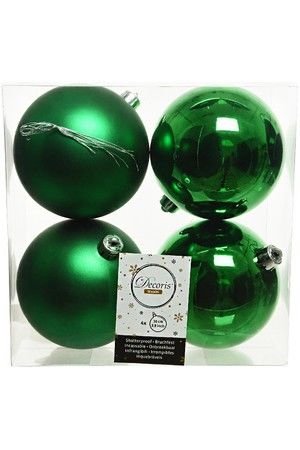 Набор однотонных пластиковых шаров глянцевых и матовых, цвет: классический зелёный, 100 мм, упаковка 4 шт., Kaemingk