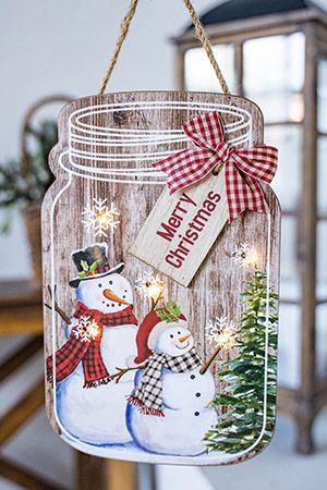 Светящееся панно БАНОЧКА СНЕГОВИЧКОВ (Merry Christmas), MDF, 5 тёплых белых LED-огней, 17x27 см, таймер, батарейки, Kaemingk (Lumineo)