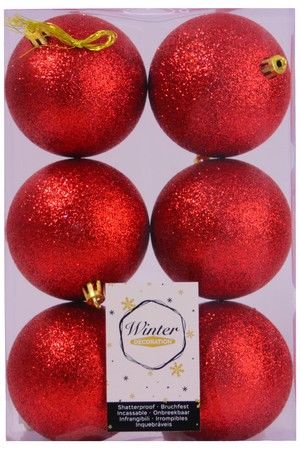 Набор однотонных пластиковых шаров глиттерных, цвет: красный, 80 мм, упаковка 6 шт., Winter Decoration
