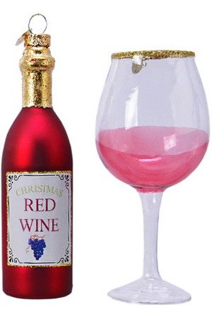 Набор ёлочных игрушек MAGIC RED WINE (бутылочка и бокал), стекло, 12.5 и 13.5 см, Kaemingk (Decoris)