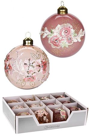 Набор стеклянных ёлочных шаров ROMANCE DE FLEURS, розовые, нежно-розовые, 8 см, упаковка 12 шт., Koopman International