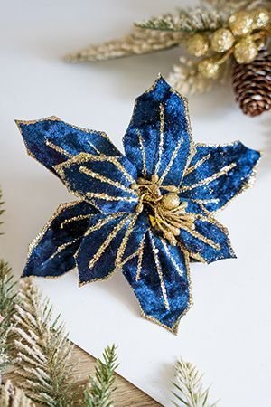 Пуансеттия ГРАЦЦИ на клипсе, синяя, бархат, 20 см, Due Esse Christmas
