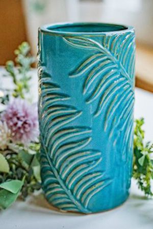 Декоративная керамическая ваза ПАЛЬМОВЫЙ МОТИВ, тёмно-бирюзовая, 19 см, Kaemingk