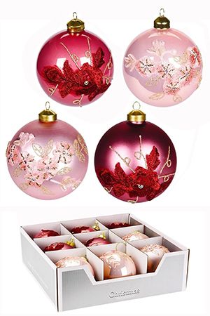 Набор стеклянных ёлочных шаров ROMANCE DE FLEUR, розовые и бургунди, 10 см (упаковка 9 шт.), Koopman International
