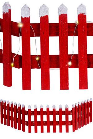 Декоративная ограда ЗАБОРЧИК С ОГОНЬКАМИ, дерево, красный, тёплые белые микро LED-огни, 90х20 см, таймер, батарейки, Koopman International