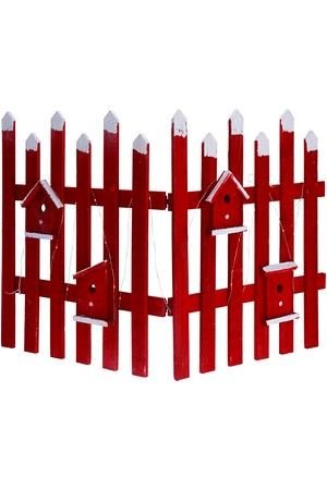 Декоративная ограда ПТИЧЬЕ ЗИМОВЬЕ, дерево, красная, тёплые белые мини LED-огни, 98х57 см, таймер, батарейки, Koopman International