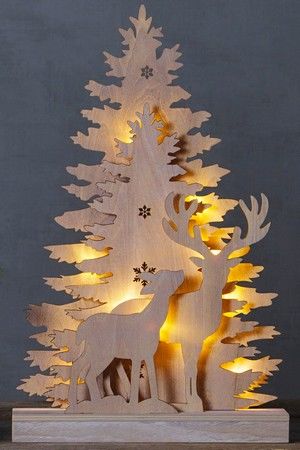 Декоративный новогодний светильник FAUNA - ОЛЕНЬ С ОЛЕНЁНКОМ, деревянный, 10 тёплых белых LED-огней, 44 см, батарейки, STAR trading