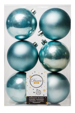 Набор однотонных пластиковых шаров глянцевых и матовых, цвет: голубой туман, 80 мм, упаковка 6 шт., Kaemingk (Decoris)