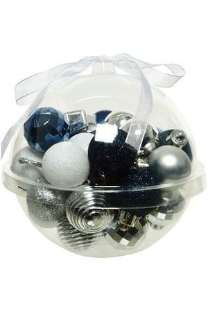 Набор пластиковых украшений для маленькой ёлки РОССЫПЬ РАДОСТИ В ШАРЕ (подарочная упаковка), белый, синий бархат и серебряный, 3 см, 30 шт., Kaemingk (Decoris)