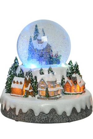 Снежный шар музыкальный ПРАЗДНИЧНЫЙ ВИХРЬ (вокруг домика), 4 меняющих цвета LED-огня, динамика, снежный вихрь, 20 см, батарейки, Kaemingk (Lumineo)
