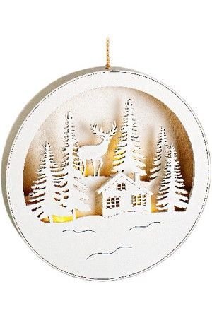 Подвесное светящееся украшение ЗАПОВЕДНЫЙ УГОЛОК (домик и олень), дерево, белый, 14 см, 4 тёплых белых LED-огня, таймер, батарейки, Kaemingk (Lumineo)