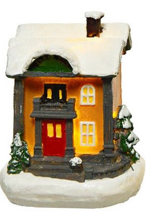 Новогодний мини-светильник домик ЗАСНЕЖЕННЫЙ ОСОБНЯЧОК (с крашеными стенами), полистоун, тёплый белый LED-огонь, 7.5-9 см, батарейки, Kaemingk (Lumineo)