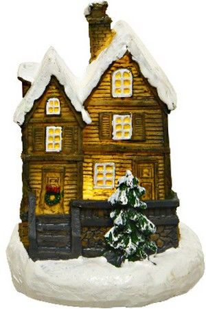 Новогодний мини-светильник домик ЗАСНЕЖЕННЫЙ ОСОБНЯЧОК (бревенчатый), полистоун, тёплый белый LED-огонь, 7.5-9 см, батарейки, Kaemingk (Lumineo)
