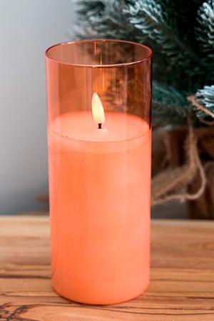 Светодиодная восковая свеча ФЬЁГА в стеклянных стаканах, розовая, тёплый белый LED-огонь мерцающий, 'натуральный фитилёк', 7.5х17.5 см, таймер., Kaemingk (Lumineo)