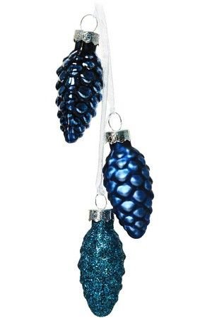 Ёлочное украшение-гроздь ШИШЕЧКИ НА ЛЕНТОЧКАХ, стекло, синий бархат, 3*6х2.5 см, Kaemingk (Decoris)