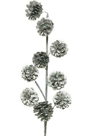 Декоративная ветка СОСНОВЫЕ ШИШКИ, серебряные, 60 см, Kaemingk (Decoris)
