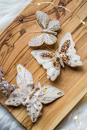 Декоративные бабочки ЗОЛОТИСТЫЕ МОТЫЛЬКИ, перо, слоновая кость, 3 шт., Kaemingk (Decoris)