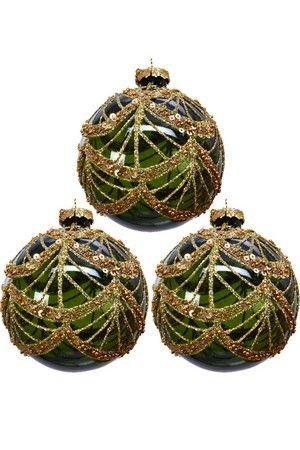 Набор стеклянных ёлочных шаров ЗОЛОТО АР-ДЕКО, зелёный, 8 см (упаковка 3 шт.), Kaemingk (Decoris)