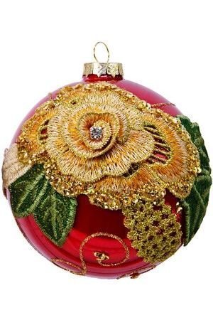Стеклянный ёлочный шар КАРМЕН-СЮИТА с золотистым цветком, красный, 10 см, Kaemingk (Decoris)