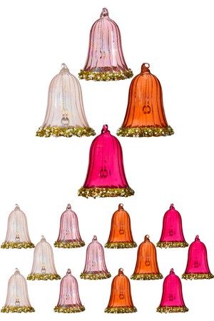 Набор стеклянных ёлочных колокольчиков JINGLE BELLS, нежно-розовый, янтарный, магнолия и розовый бархат, 8.3 см (упаковка 12 шт.), Kaemingk (Decoris)