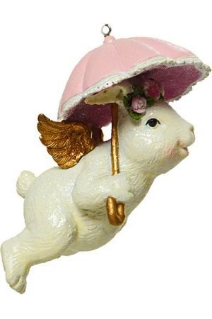 Ёлочная игрушка ЗАЙКА-АНГЕЛ с розовым зонтиком, полистоун, 12.5 см, Kaemingk (Decoris)