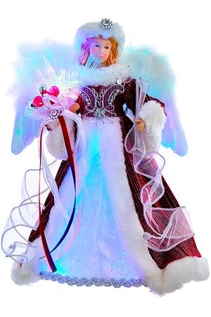 Светящаяся новогодняя фигурка - ёлочная верхушка СНЕЖНЫЙ АНГЕЛ С БУКЕТОМ, фарфор, LED-подсветка, 31 см, Kurts Adler