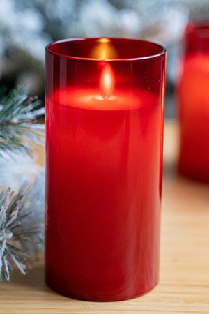 Восковая светодиодная свеча в стакане ROMANCE, красная, тёплый белый LED-огонь, колышущийся язычок, 7.5х15 см, батарейки, Peha Magic