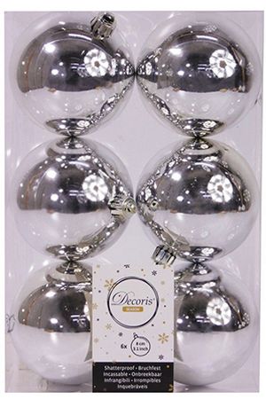 Набор однотонных пластиковых шаров глянцевых, цвет: серебряный, 80 мм, упаковка 6 шт., Winter Decoration