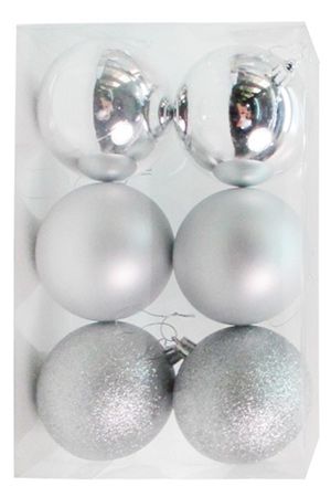 Набор однотонных пластиковых шаров, МИКС, серебряные, 80 мм, упаковка 6 шт., Winter Deco