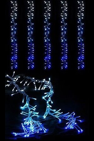 Светодиодная бахрома БЕГУЩИЙ ОГОНЬ (Cluster lights), 320 холодных белых-небесно-голубых-синих LED ламп, 2,0x1,0м, прозрачный силиконовый провод, уличная, BEAUTY LED